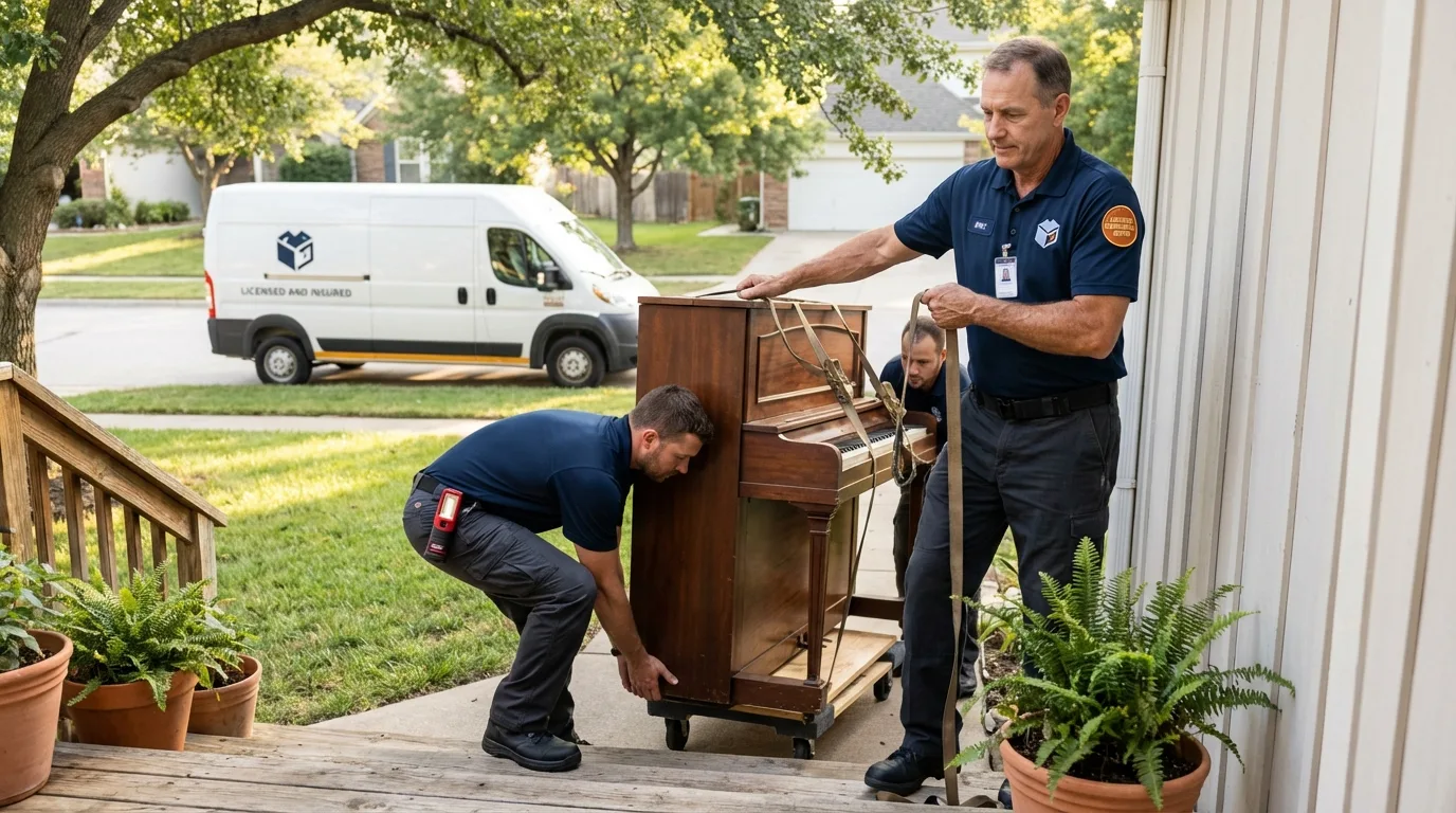 Licensed piano movers securing grand piano in Goodhue, MN