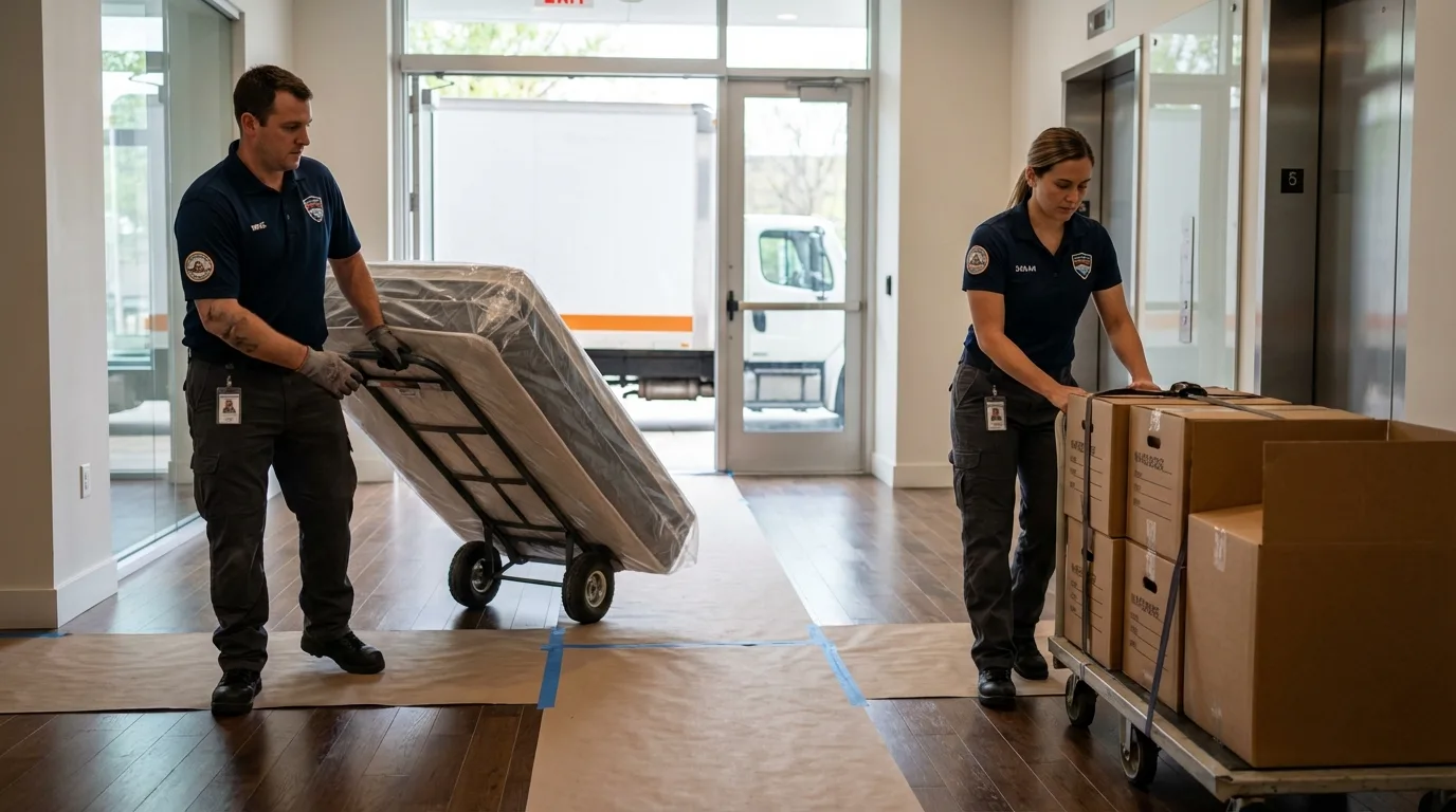 Professional apartment movers loading elevator in Goodhue, MN