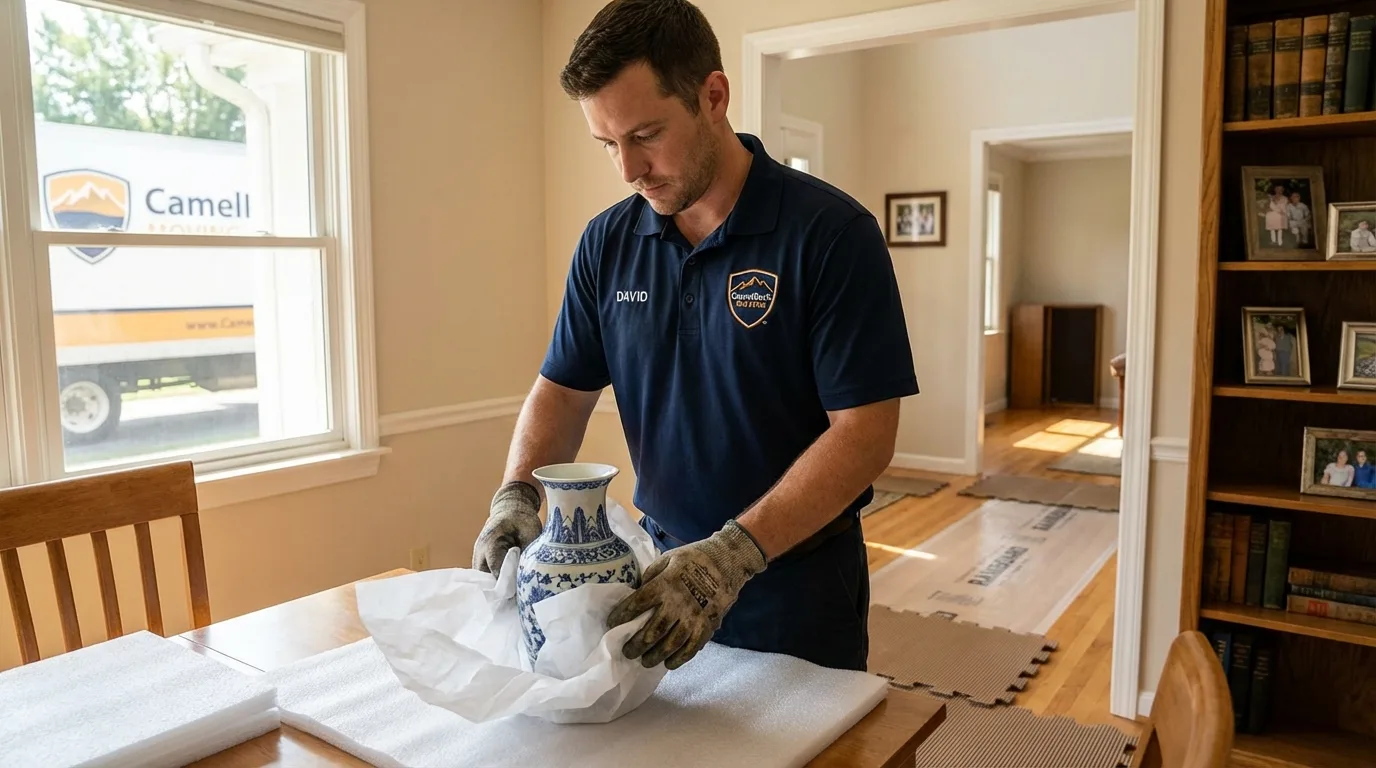 Professional crew carefully wrapping antique vase for senior downsizing move in Goodhue, MN