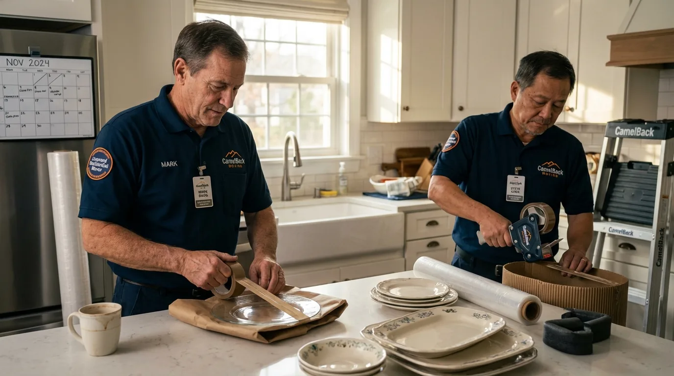 Professional crew packing kitchen dishware in Goodhue, MN